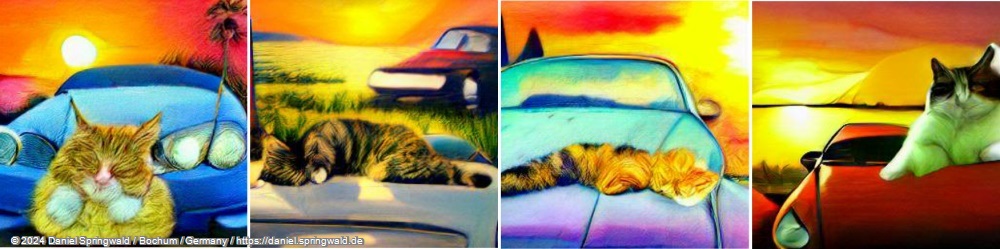 A painting of a cat laying on a car in front of a beautiful sunset by Dall-E mini