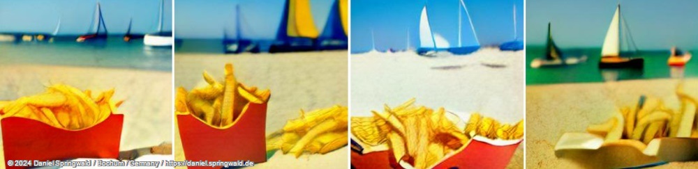 A photo of french fries on the beach with sailboats in the background by Dall-E mini