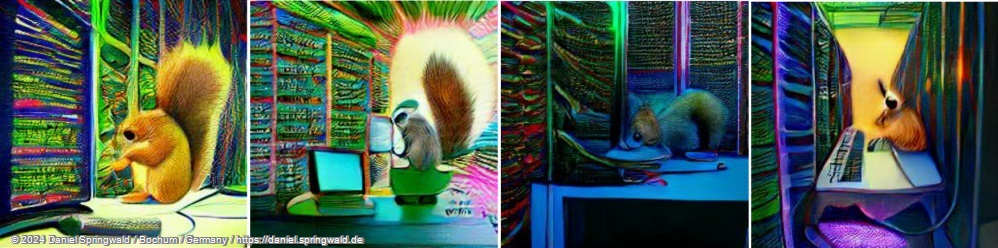 A beautiful painting of a squirrel at a computer in a server room, with lots of colorful lights by Dall-E mini