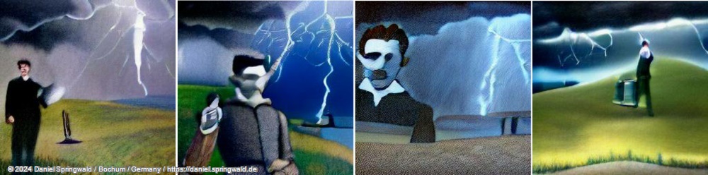 A beautiful painting of a Nikola Tesla holding a battery on a hill during a thunderstorm by Dall-E mini)