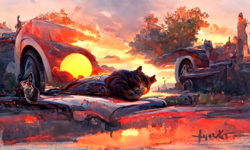 A painting of a cat laying on a car in front of a beautiful sunset by Disco Diffusion v5 Turbo
