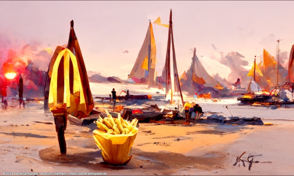 A beautiful painting of french fries on the beach with sailboats in the background by Disco Diffusion v5 Turbo