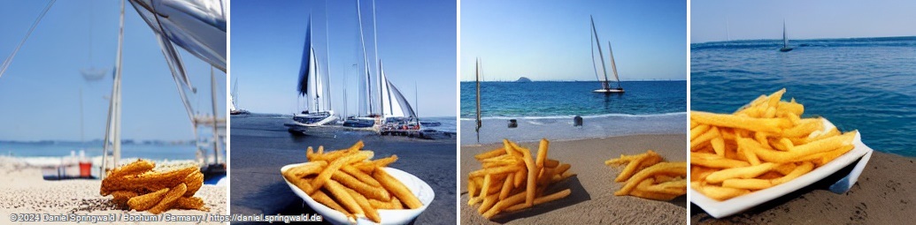 A photo of french fries on the beach with sailboats in the background by Latent Diffusion Models (LDM)
