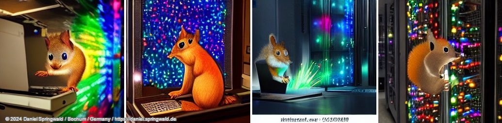 A beautiful painting of a squirrel at a computer in a server room, with lots of colorful lights by Latent Diffusion Models (LDM)