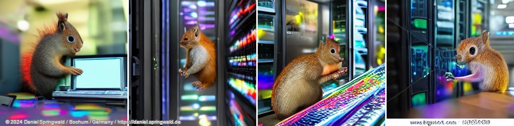 A photo of a squirrel at a computer in a server room, with lots of colorful lights by Latent Diffusion Models (LDM)
