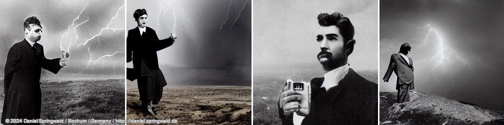 A photo of Nikola Tesla holding a battery on a hill during a thunderstorm by Latent Diffusion Models (LDM)